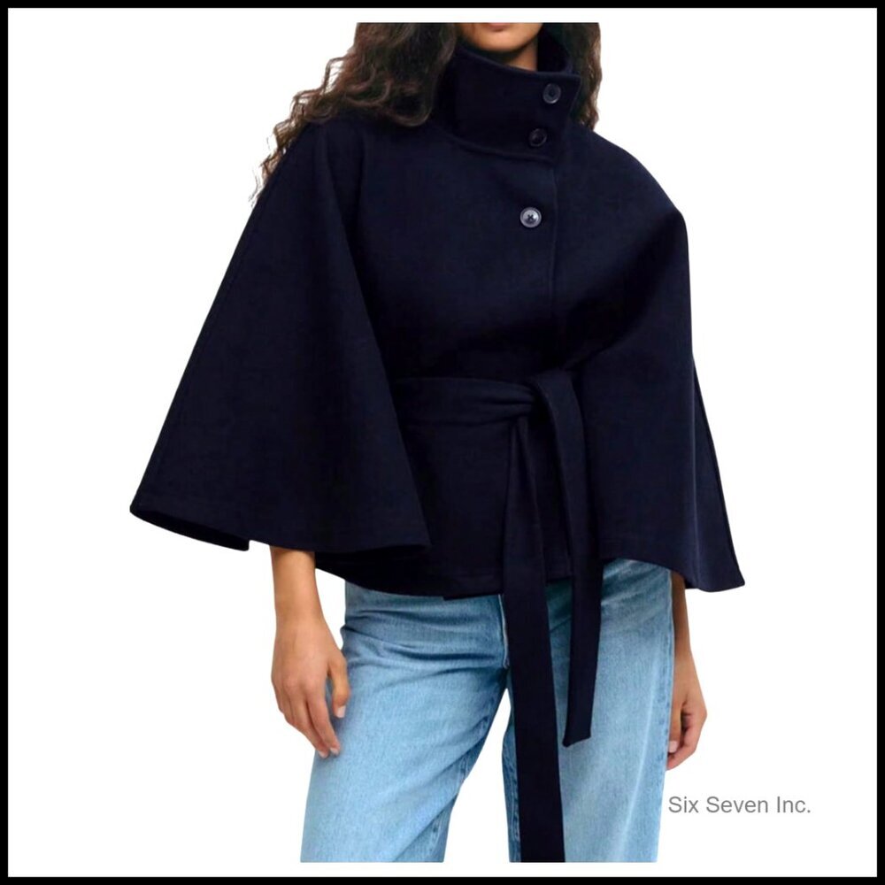 Polyester Dolman Sleeve Poncho Shawl Pea Coat Belted Stand Collar Jacket